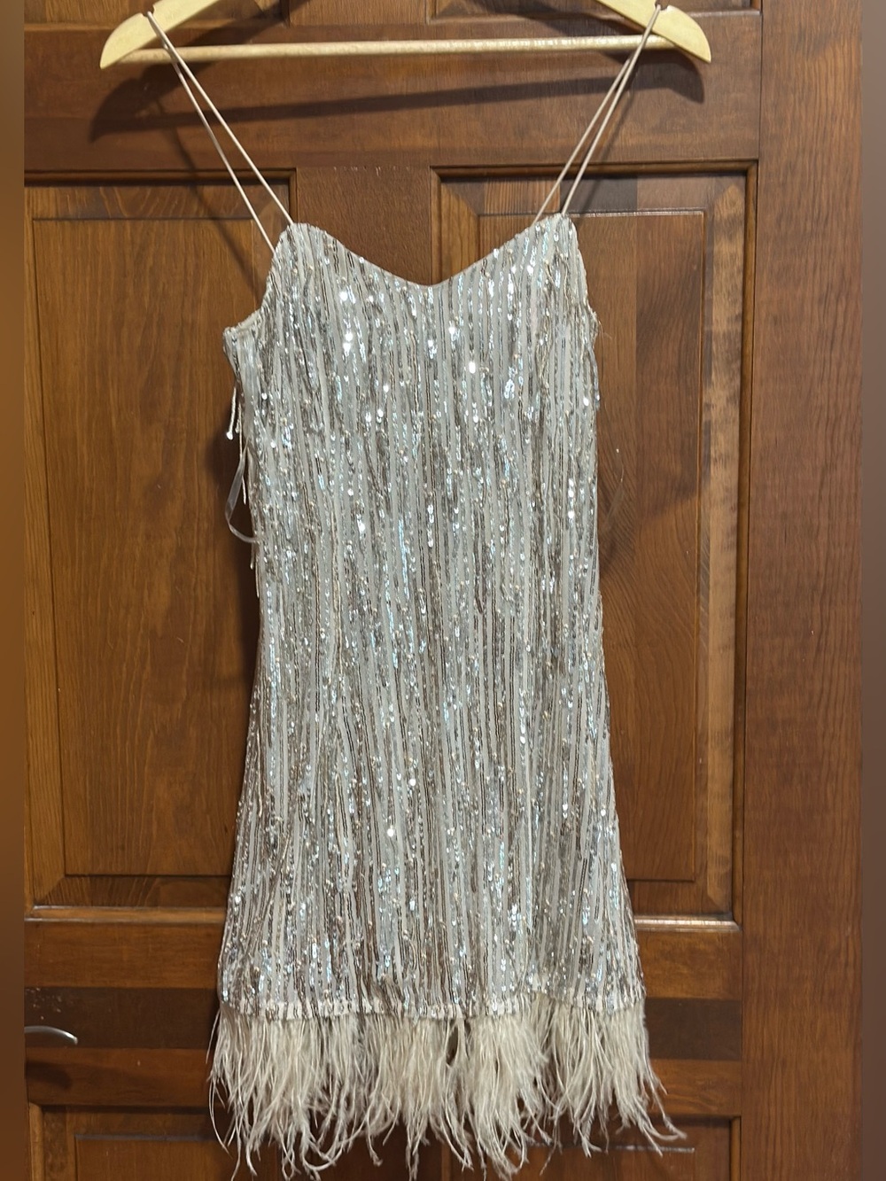 Speechless Silver Sequin Fringe Slip Dress with Feather Hem
